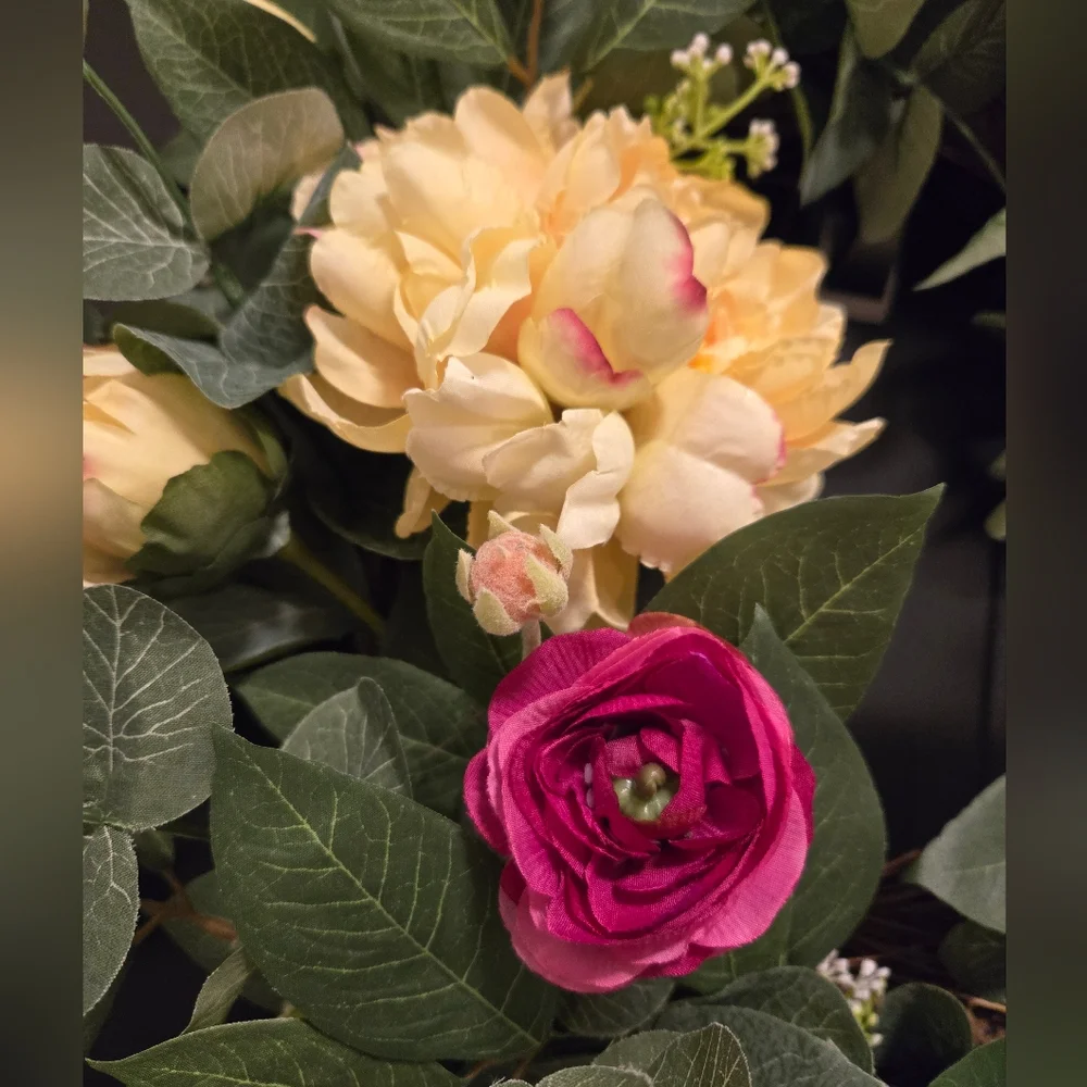 Everyday Wreath with Yellow Peony, Fuscia Ranunculus, and Lush Greenery